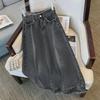 Women's Black & Gray Raw Edge Denim Skirt - Korean A-Line, Mid-Length, Pear-Shaped Style