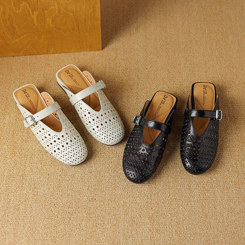 Krazing Pot Sheepskin Summer Size 40 Low Heels Women Round Toe Hollow Decoration Summer Shallow Sandals