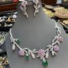 Autumn/Winter High-End Temperament Flower Stud Earrings & Camellia Necklace Set with Full Diamond & Cotton Emerald for Women