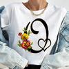 Custom Name Letter Combination Tops Fashion Women T-Shirt Rose Flower Heart Letter Font A B C D Short Sleeve Tees Black T-Shirt