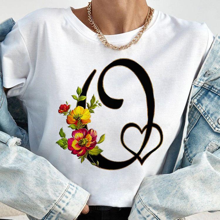 Custom Name Letter Combination Tops Fashion Women T-Shirt Rose Flower Heart Letter Font A B C D Short Sleeve Tees Black T-Shirt