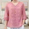Women Shirt V-neck Half Sleeve Embroidery Floral Pattern Loose Fit Tops Solid Color Casual Blouse Daily Wear