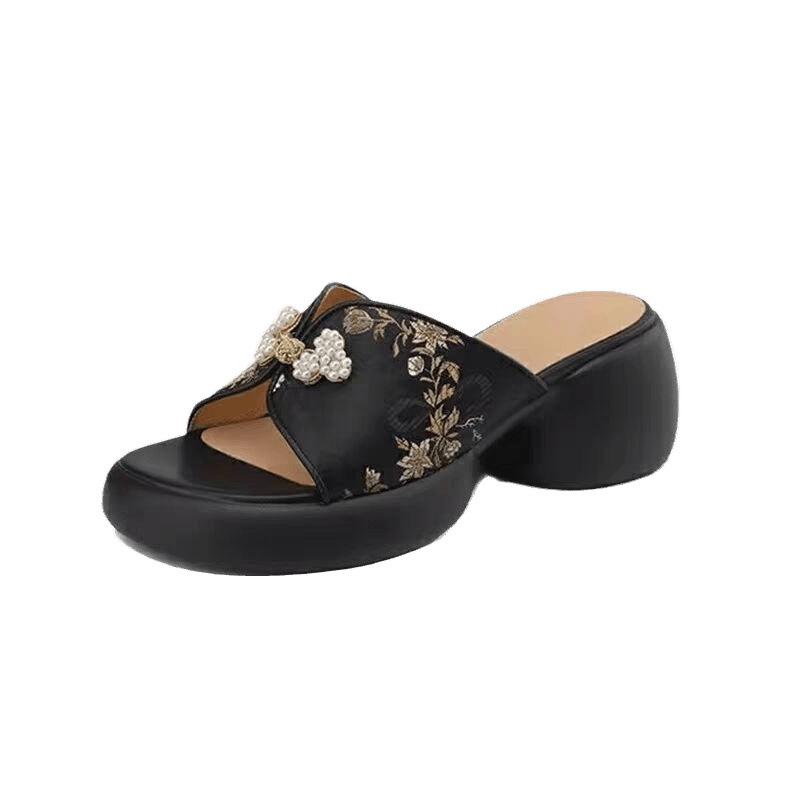 New National Style Chinese Soft Leather Open-toed Half-tow Thick-soled Thick-heeled Versatile Cool Slippers Women Wear One-word with High-heeled Sand