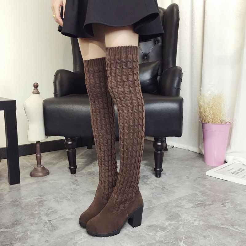 2025 Winter Warm Women Boots Ladies Knee High Shoes Thick Knitted High Heel Boots Round Top Women High Boots Big Size 35-40