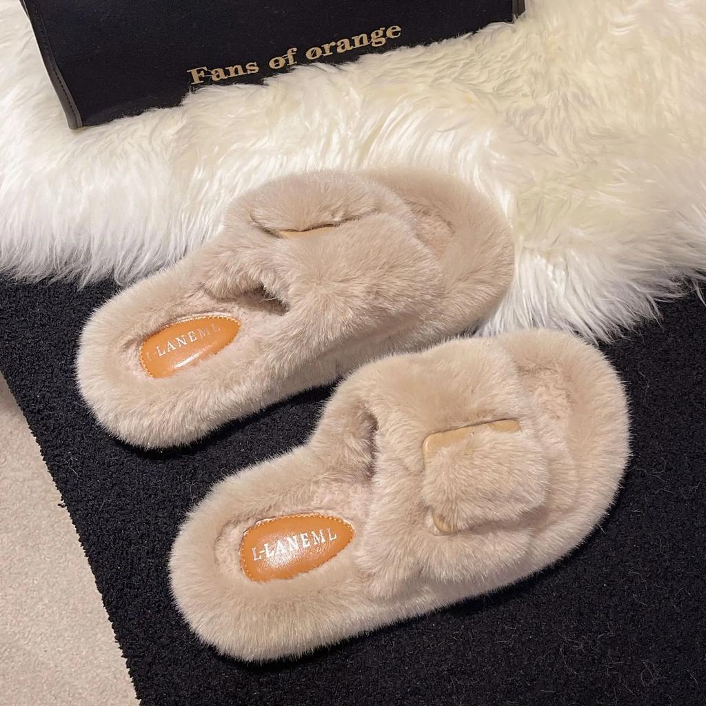 Women's Slippers 2024 New Casual Plush Fluffy Slippers Solid Color Indoor Warm Home Fashion Belt Buckle Outdoor Cotton Slippers