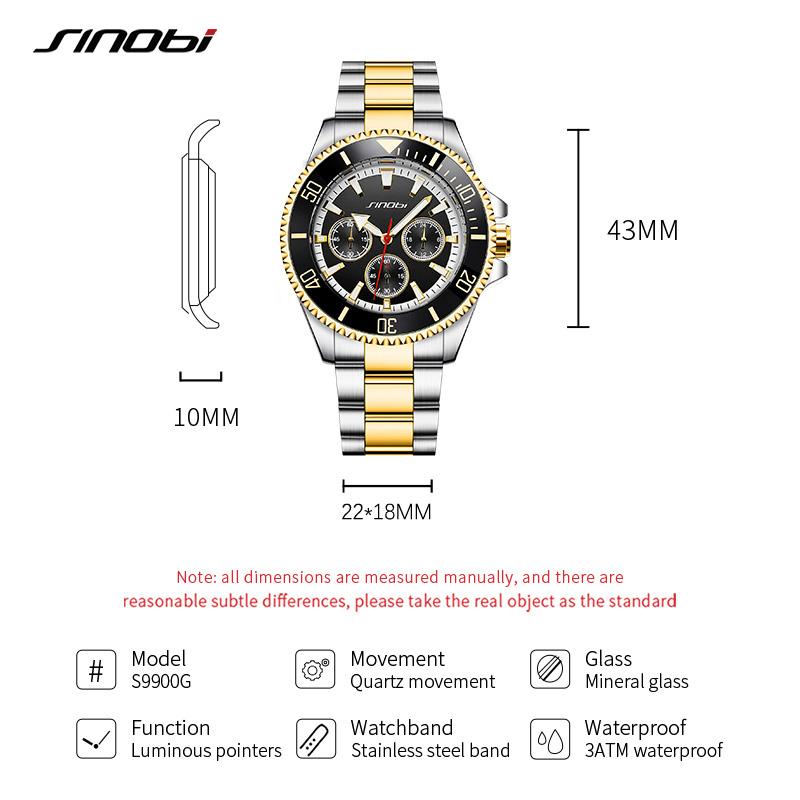 SINOBI Top Luxury Brand Men's Watches Original Fashion Mans Quartz Wristwatches Stainless Steel Male Gifts Clock