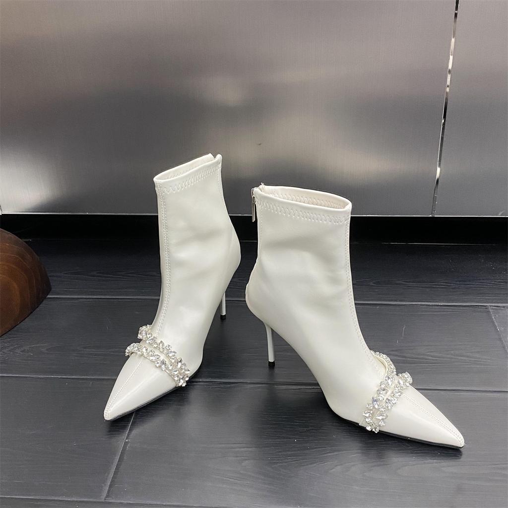 Spice Girls Pointed Rhinestone Sexy Boots Temperament and Ankle Boots 2024 Autumn French Rear Zipper Fashion Boots Stiletto