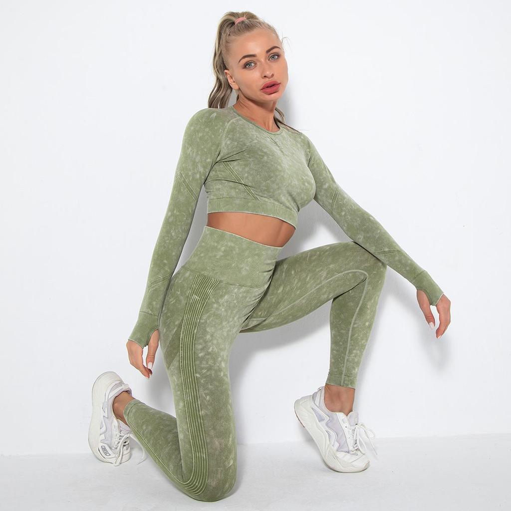 Women Seamless Washed Peach Hip Lifting Sports Running Fitness O Neck Long Sleeve Pant Suits