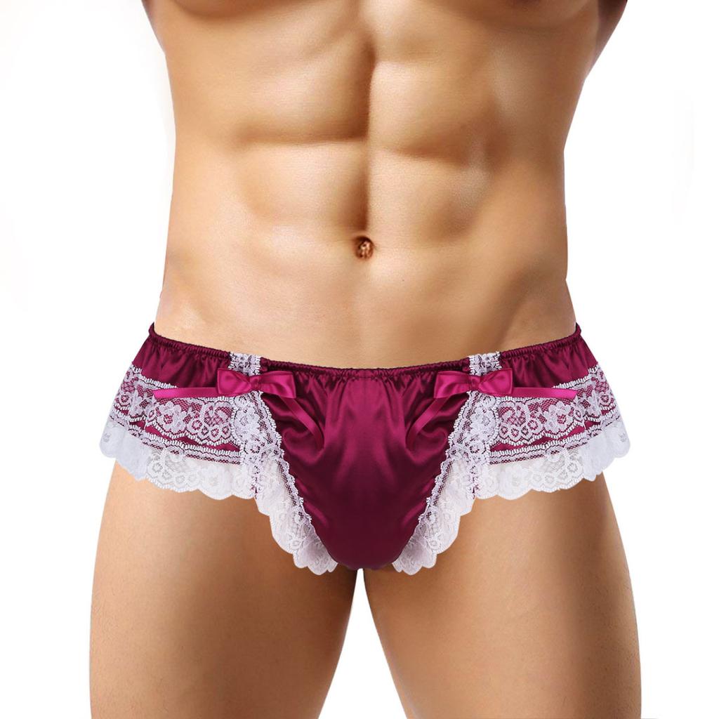 Men's Sissy Frilly Ruffled Lace Trim Crossdress Underwear G-String Thongs Briefs Panties