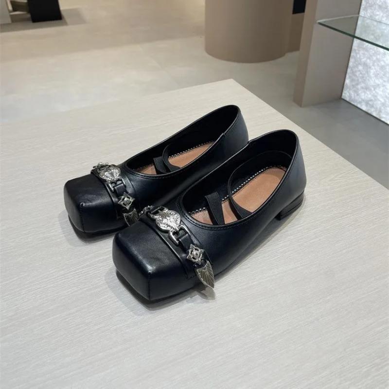 Fashion Spring 2025 Sheepskin Square Head Shallow Mouth Metal Mary Jane Single Shoes Women's Japanese Ballet Shoes
