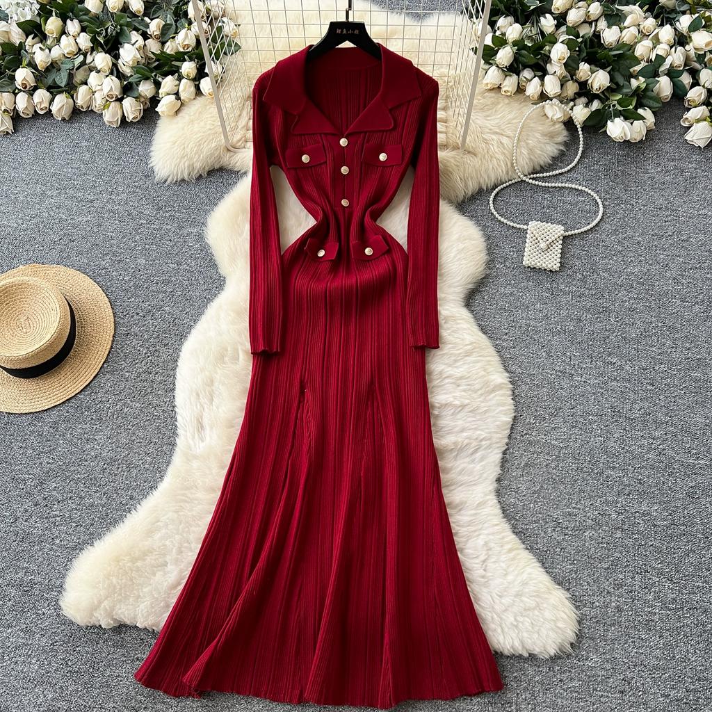 Autumn Winter Women V-neck Full Sleeve Knitted Sweater Party Long Maxi Mermaid Dresses