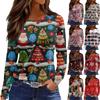 Women's Fashion Hem Slit Casual Christmas Printed Round Neck Long Sleeve Top
