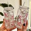 Water Cup Cute Bow Prints Mason Jar Shaped Water Bottle 500ml BPA-Free Reusable Tumbler for Coffee Juice
