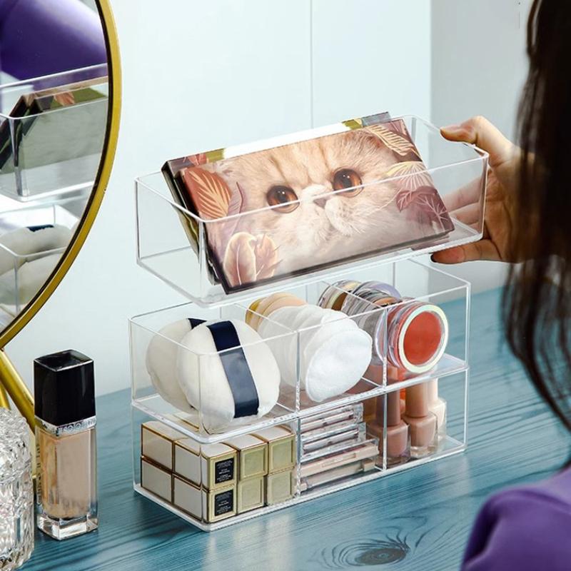 Clear Acrylic Makeup Layered Storage Box Dressing Table Cosmetic Lipstick Finishing Grid Box Desktop Drawer Storage Compartment
