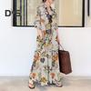 Ladies Dress Loose Colorful Flower Print Ankle Length Long Sleeve Pockets A Line Lapel Single Breasted Soft Breathable Fall Spring Maxi Dress