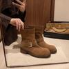 Cowhide Version~ Grape Mother Same Height Increase 4.5cm Maillard Martin Boots Women's Korean Round Head Buckle Belt Thick Heel Short Boots