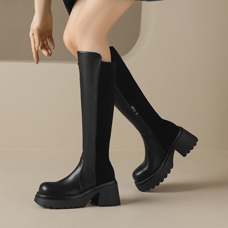 Krazing Pot Microfiber Autumn Winter Shoes Patch Work Platform Boots Round Toe Keep Warm Thick Bottom Thigh High Boots