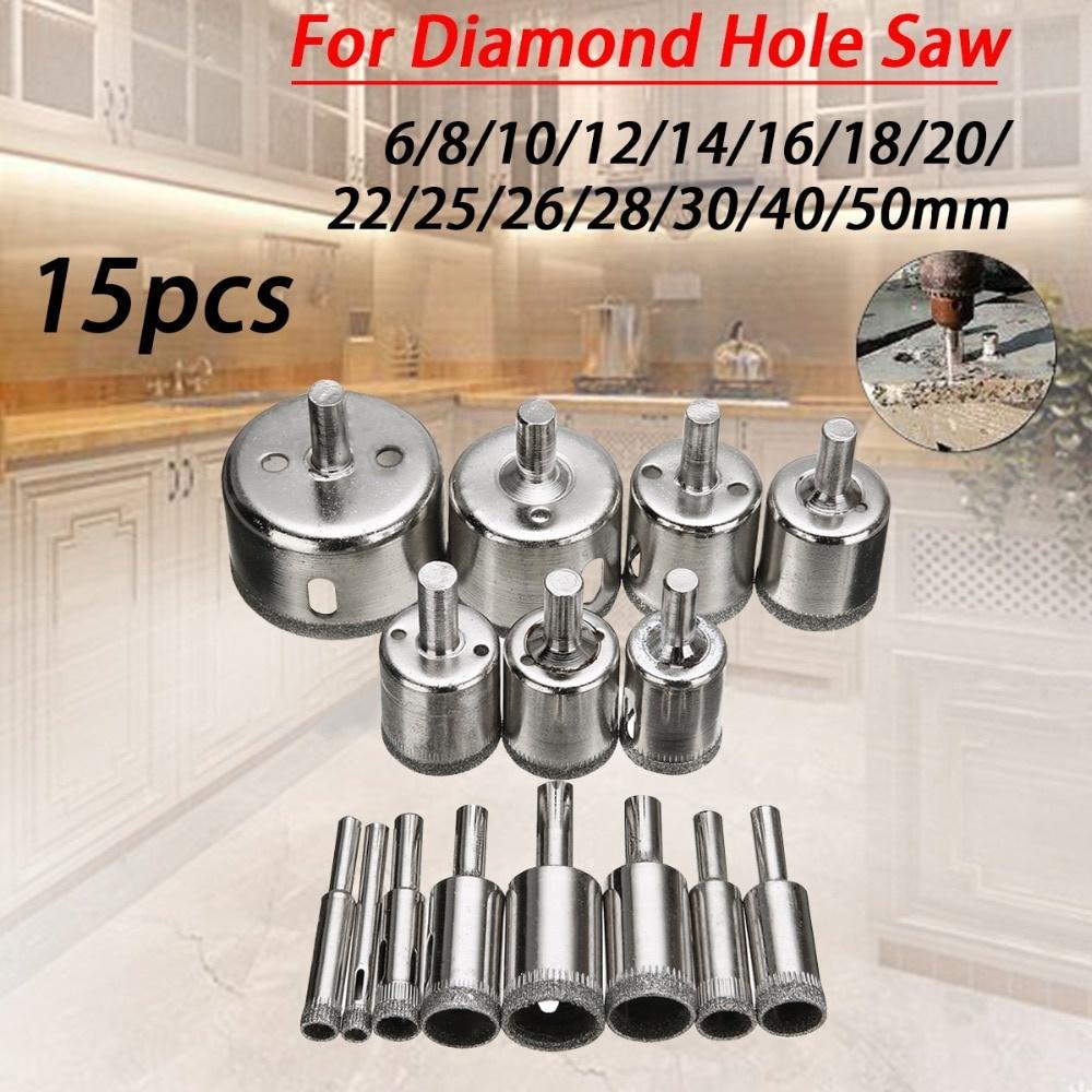 15pcs Diamond Coated Drill Bit Set Tile Marble Glass Ceramic Hole Saw Drilling Bits for Power Tools 6mm-50mm