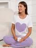 "Women's Autumn Sweet Love Pajama Set: Round Neck, Short Sleeve & Trousers - Comfy 2-Piece Homewear"