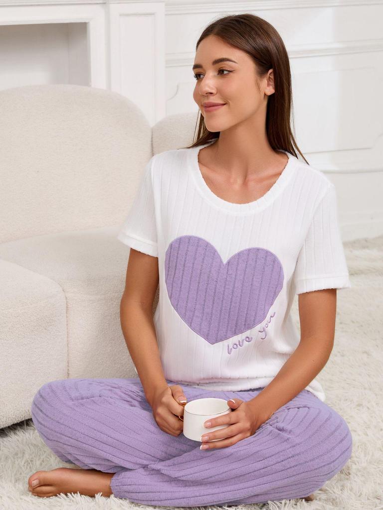 "Women's Autumn Sweet Love Pajama Set: Round Neck, Short Sleeve & Trousers - Comfy 2-Piece Homewear"