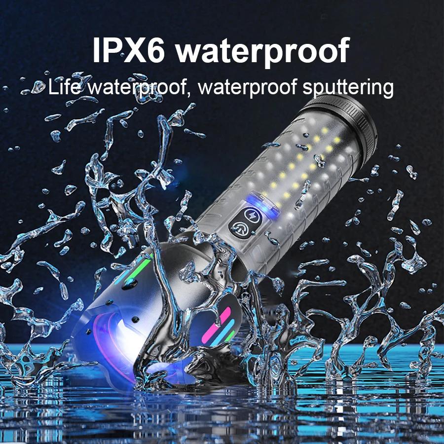 High Power LED Flashlight Fluorescent Torch Rechargeable Powerful Long Range Flashlight Built-in 3000mah Battery With COB Light