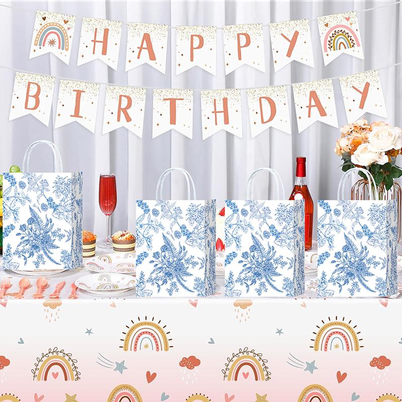 10pcs Blue & White Shopping Paper Gift Bags Elegant Porcelain Floral Tote Bags Chinese With Twine Handles Weddings