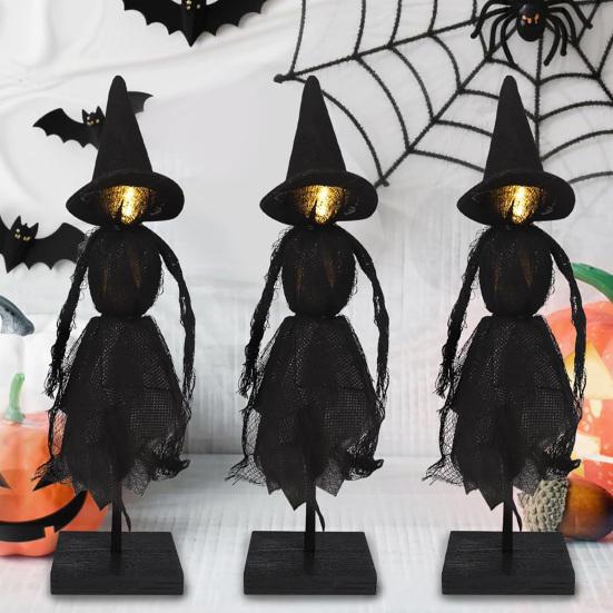 Halloween Witch Decoration Black Witch Ornament with Light-up Face Indoor Primitive Witch Table Centerpiece for Home Shelf Mantels Kitchen Decoration