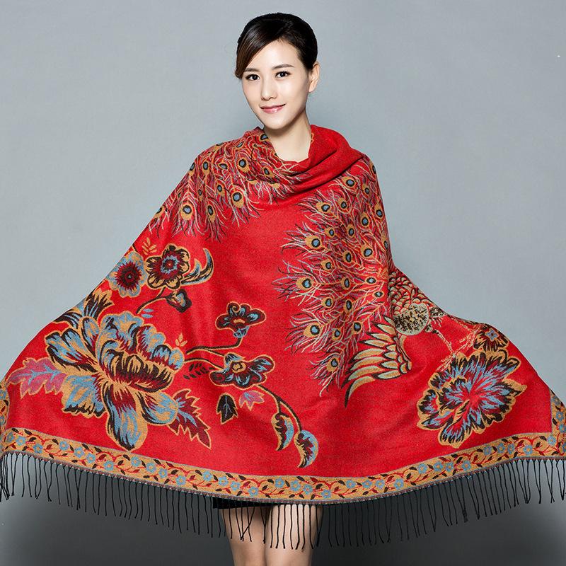 Lijiang Ethnic Style Double-Sided Phoenix Jacquard Cashmere Shawl and Scarf for Women