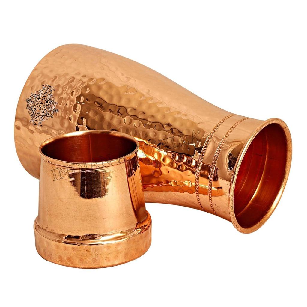 Pure Copper Bedroom Water Bottle with Inbuilt Glass, Hammered Shine Design, Drinkware and Storage Purpose, 1000 Ml (Pack of 1)
