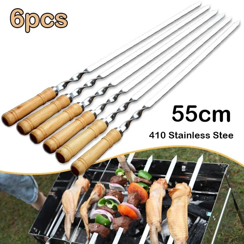 55Cm Large Barbecue Skewer Reusable 410 Stainless Steel BBQ Kebab Stick with Wooden Handle Outdoor Camping Picnic Tools Cooking Tool
