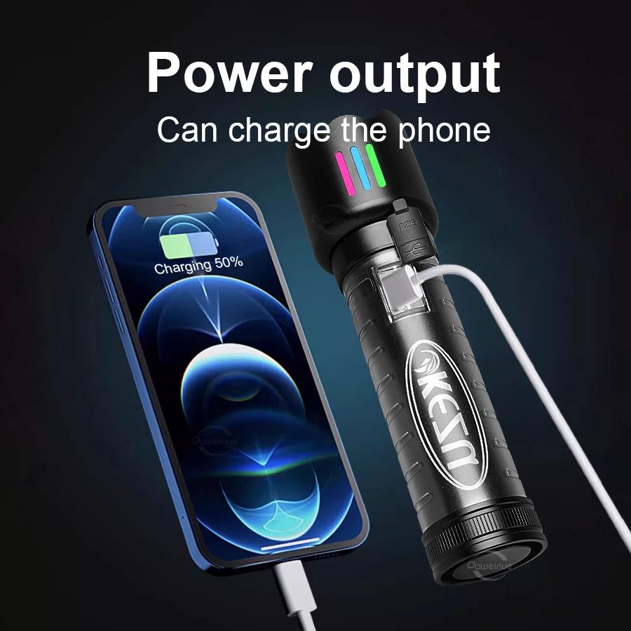 High Power LED Flashlight Fluorescent Torch Rechargeable Powerful Long Range Flashlight Built-in 3000mah Battery With COB Light