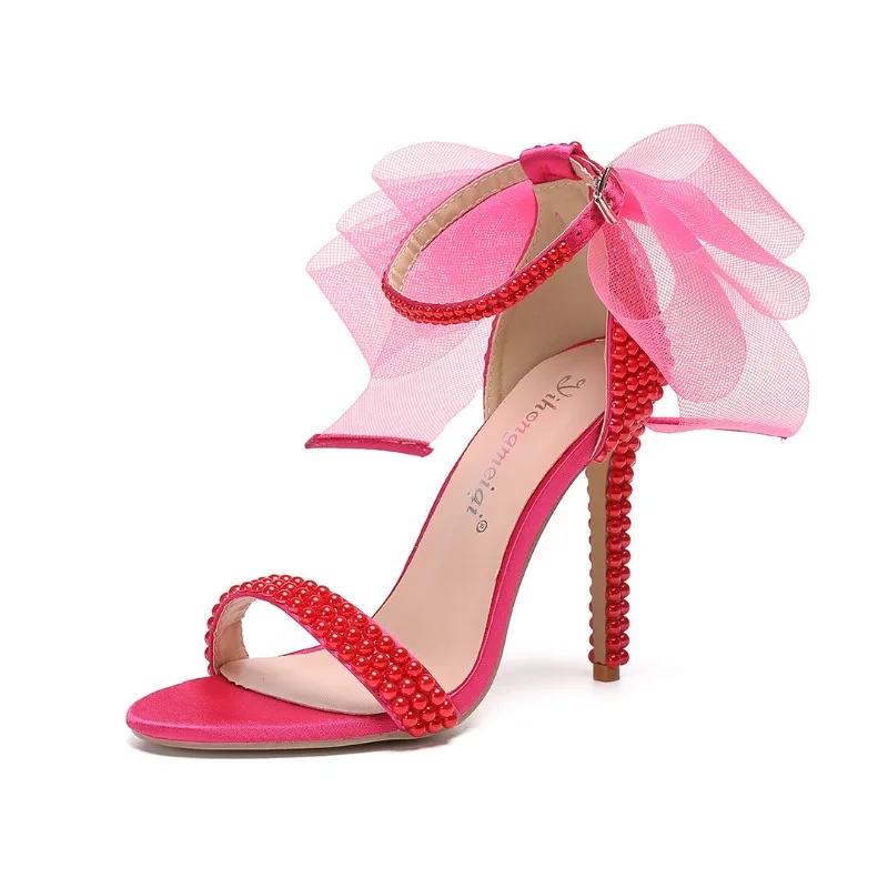 Fashion New Fish Mouth Bowknot Pearl Sandals Summer Fashion Shallow Mouth Wedding Dress Bridal Banquet High Heel Women's Single Shoes 43