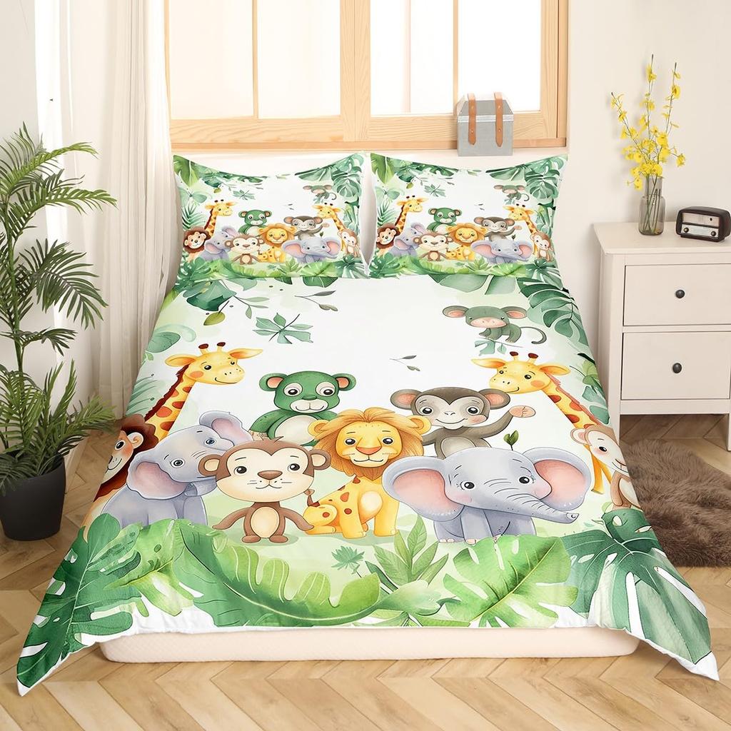 Cartoon Animals Duvet Cover Cute Giraffe Monkey Tiger Elephant Bedding Set Lovely Wildlife Comforter Cover Polyester Quilt Cover