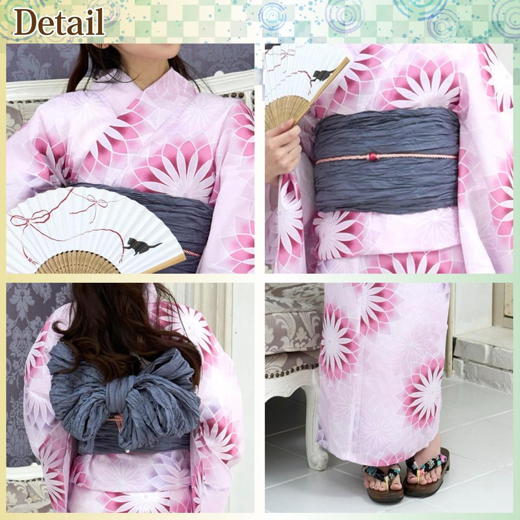 RAVIR Yukata Set with a Gorgeous Geometric Floral Fluffy Obi and Geta One Size Fits All Women's 3-Piece Pattern, Belt, Sandals, Pink,