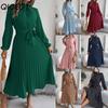 Autumn and Winter Elegant Stand-up Collar, Long-sleeved, Cinched Waist, Pleated Long Dress and Cocktail Dress Women's Wear