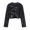 Women Sequin Jacket Big Bow Decor Loose Round Neck Long Sleeves Solid