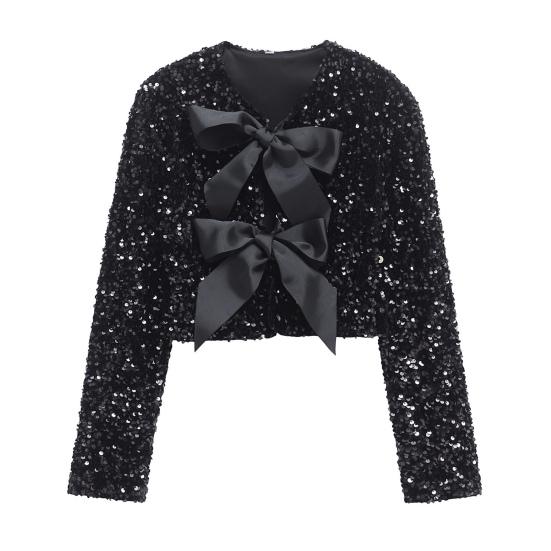 Women Sequin Jacket Big Bow Decor Loose Round Neck Long Sleeves Solid