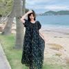 Black Light and Mature Wind Atmosphere Floral Platycodon Long Dress Summer New Bubble Sleeve Design Dress Women