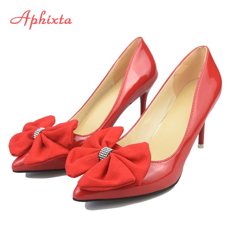 Fashion Aphixta  Bling Crystals Bow Flowers Pointed Toe Red High Heels Women Patent Leather Butterfly-knot Pumps Big Size 45 46 47 48