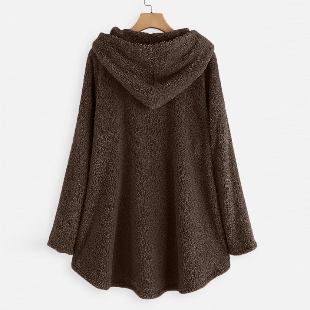 Womens Fleece Cat Embroidery Plus Size Warm Hoodie Top Button Sweater Blouse