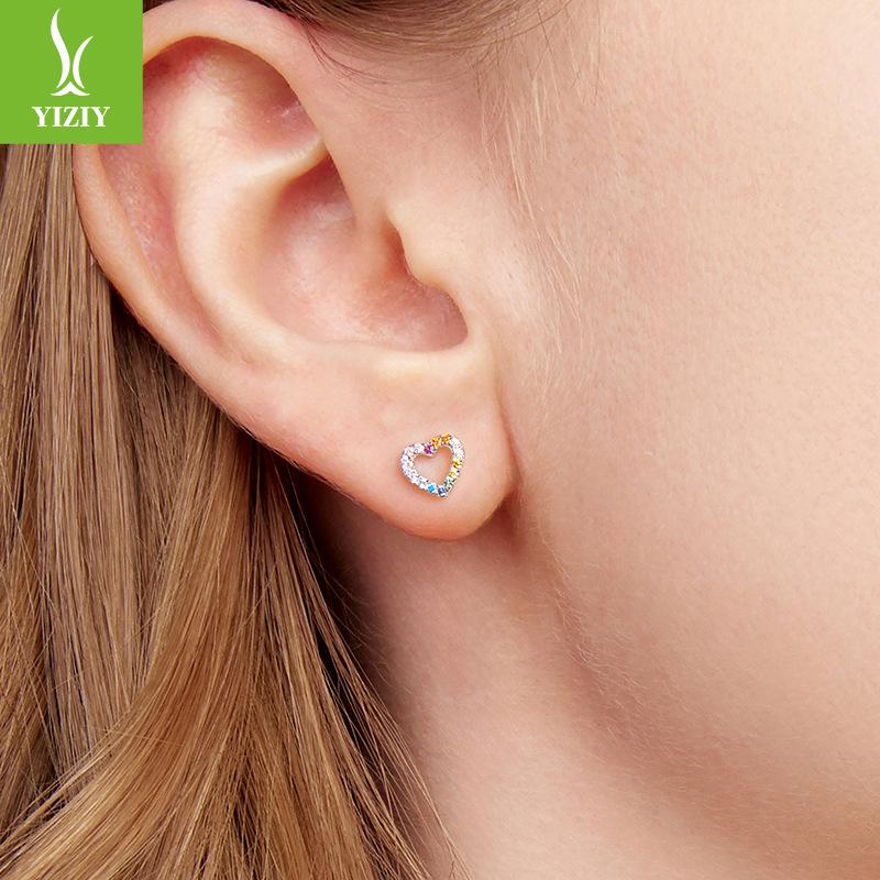 Colorful Zircon Love Stud Earrings Women'S Fashion Light Luxury S925 Sterling Silver Heart Stud Earrings