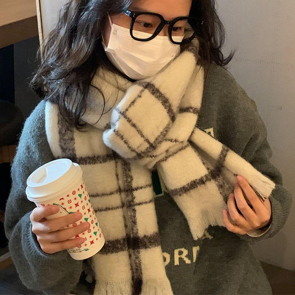 Winter Cashmere Scarves Beige Mohair Tassel Shawls Long Pashmina Plaid Scarf  Girls