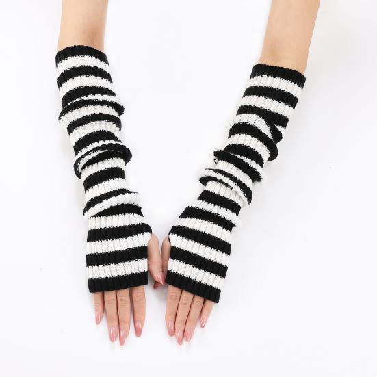Women Striped Elbow Gloves Winter Knitted Arm Warmers Goth Punk Fingerless Gloves Stretchy Mittens with Thumb Hole for Daily Wear Cosplay