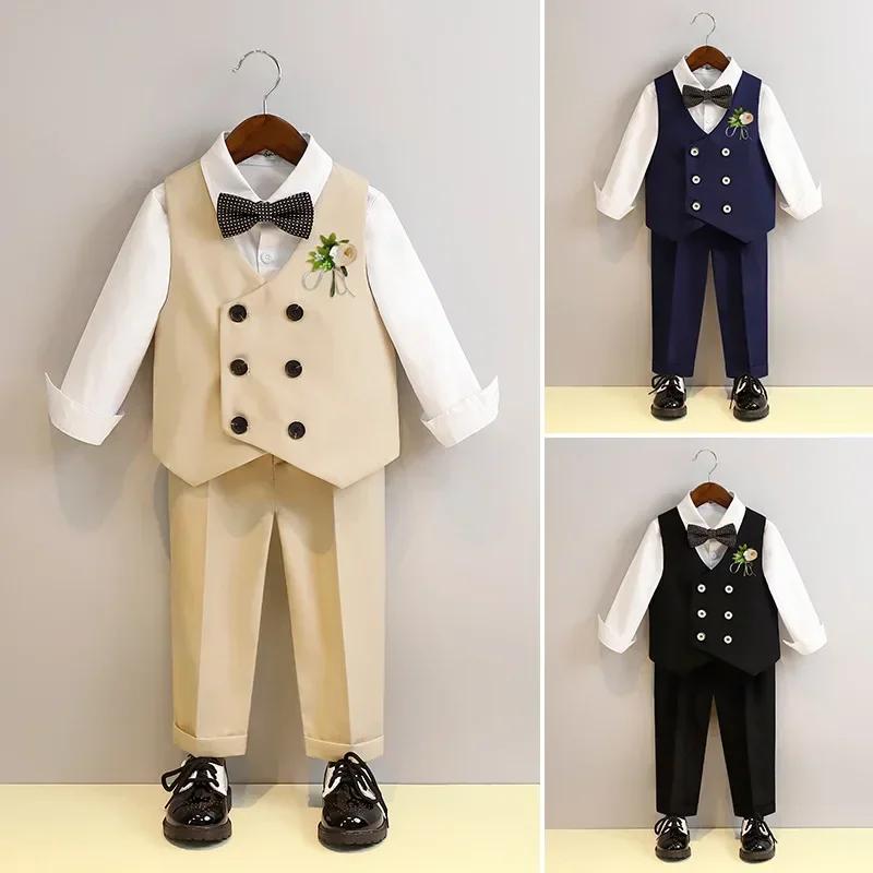 Children Vest Set 2 To 12 Y Flower Boys Wedding Suit Formal School Kids Piano Performance Costume Teens Birthday Evening Tuxedo