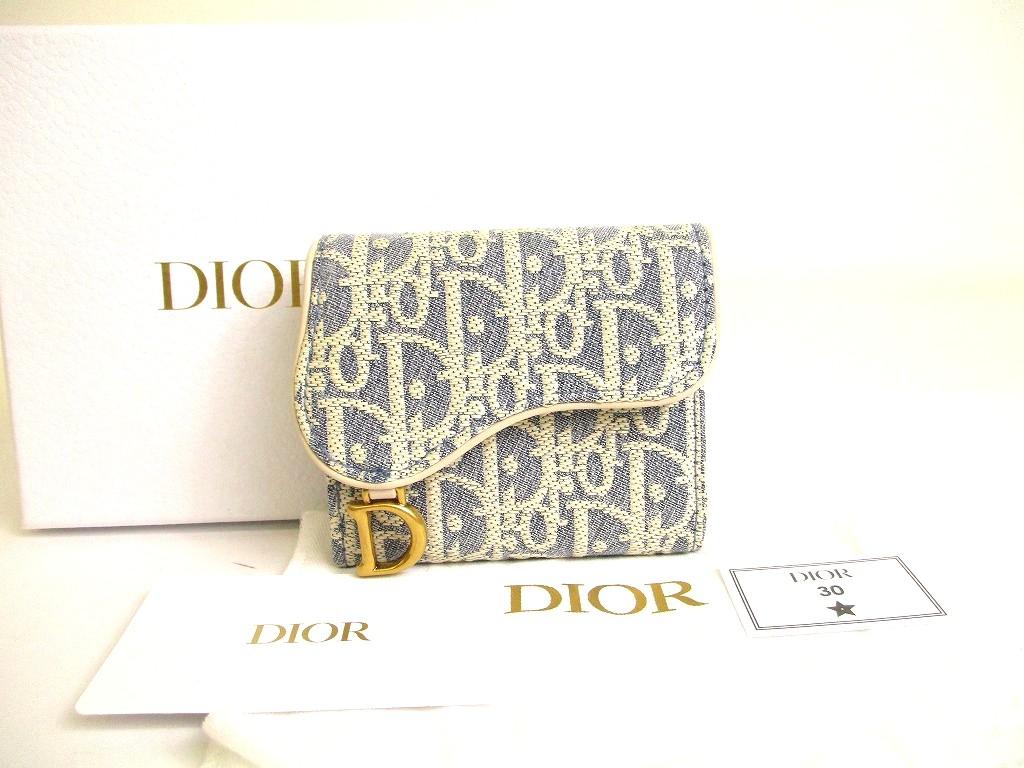 Оригинальный кошелек Christian Dior Cannage светло-голубой трехстворчатый Saddle Lotus #a841 Восстановленный