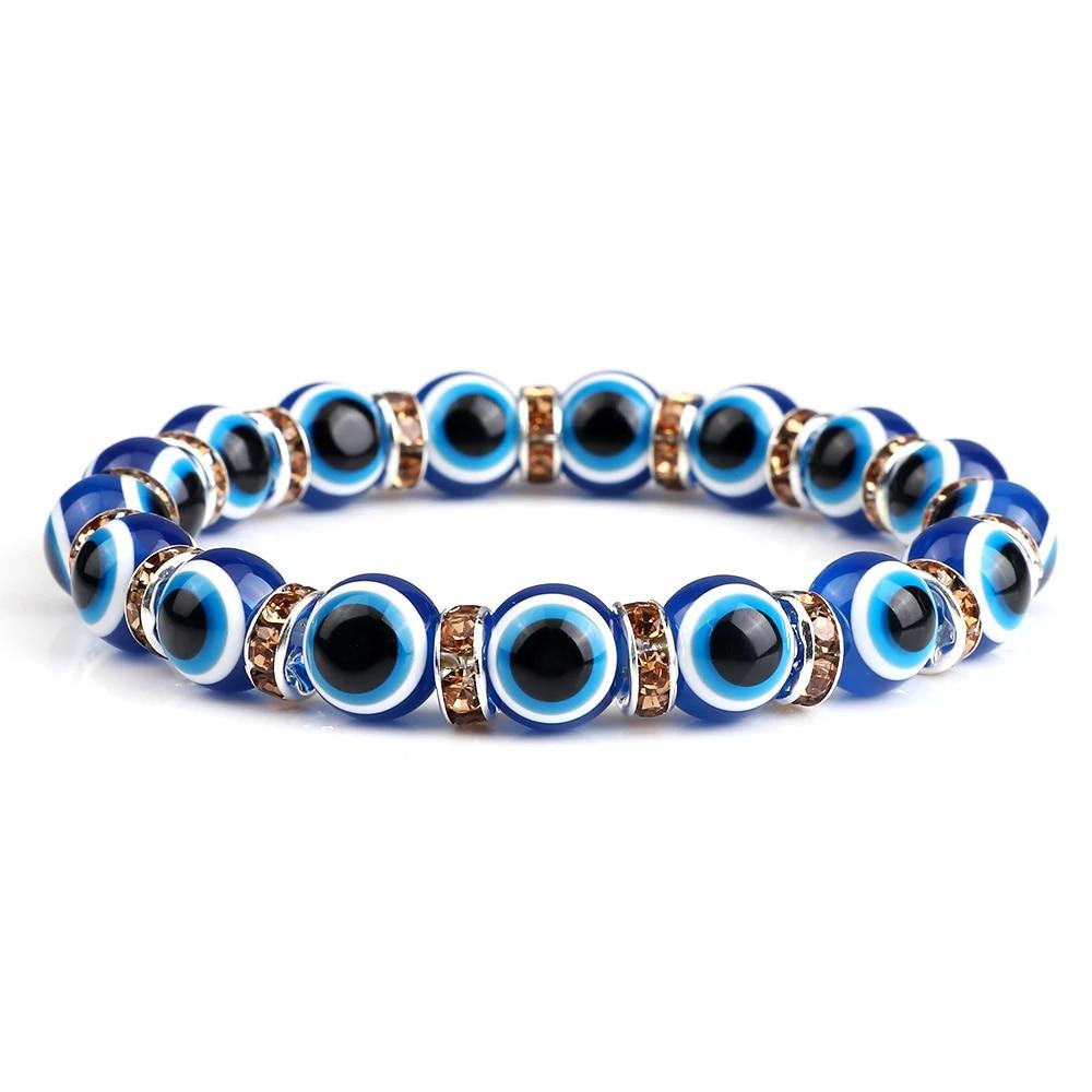 10mm Lucky Blue Evil Eye Bracelet Palm Butterfly Owl Elephant Pendant Charm Crystal Resin Beaded Bracelets for Women Men Jewelry