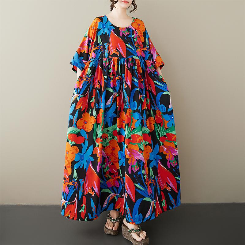 Dimanaf Plus Size New 2025 Women Summer Short Sleeve Dress Basic Casual Floral Loose Vintage Beach Long Dress