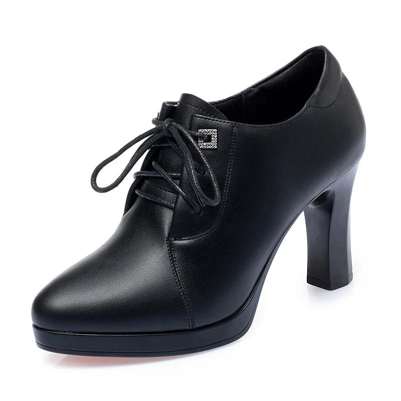 Thick Bottom Soft Leather Oxford Shoes British Lace Up Women Platform Pumps 2025 Deep Mouth Block High Heels Shoes Office Mom