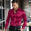 Men's Satin Glossy Shirt Solid Color Long Sleeve Smooth Dress Shirt Lapel
