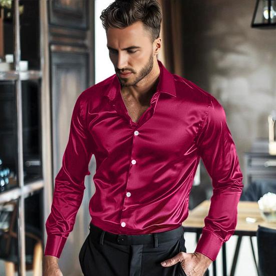 Men's Satin Glossy Shirt Solid Color Long Sleeve Smooth Dress Shirt Lapel